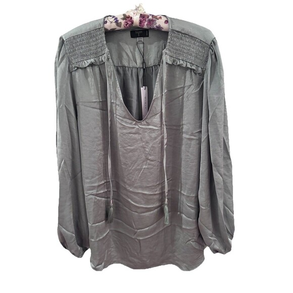 Tahari Pleated Satin Ruffle Blouse Top 2X Peasant Boho - Picture 1 of 7